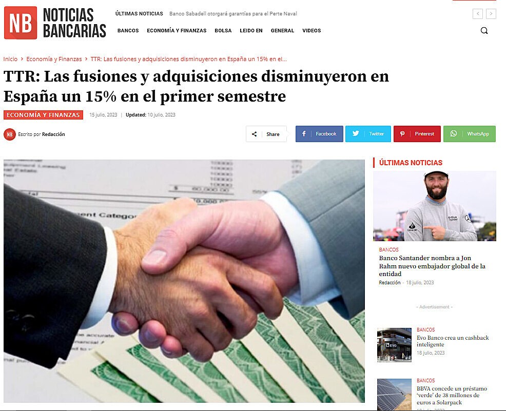 TTR: Las fusiones y adquisiciones disminuyeron en Espaa un 15% en el primer semestre